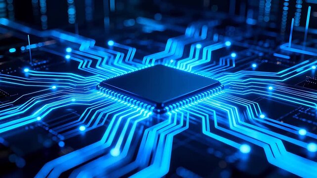 Central microchip with glowing blue circuits and data network on dark board
