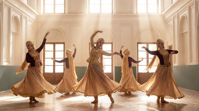 A group of women dancing a traditional Persian dance in the palace. Iranian dancers in national clothes, traditions and fashion of Iran