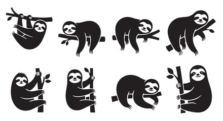 Naklejka premium Sloth silhouettes in various tree branch poses against a white background representing slow living and nature