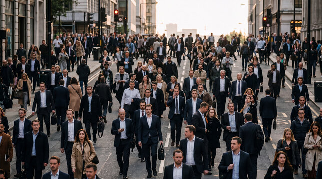 People in business suits walk down the city street to work. Businessmen during rush hour in the business district