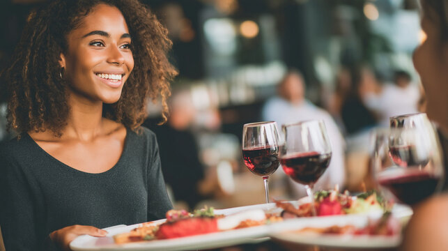 Smiling waitress serving plates of food and wine in a restaurant with restaurant staff
