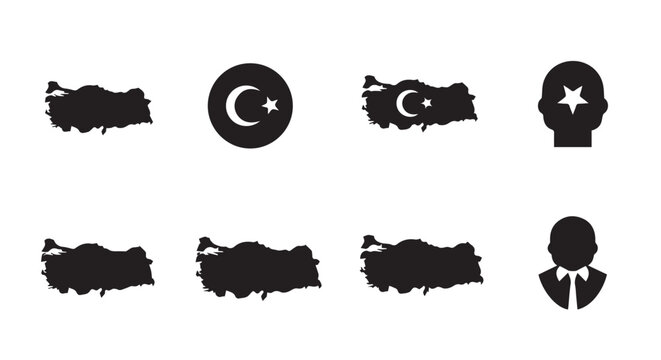 Turkey map and crescent star symbols in silhouette against a white background representing national identity and patriotism