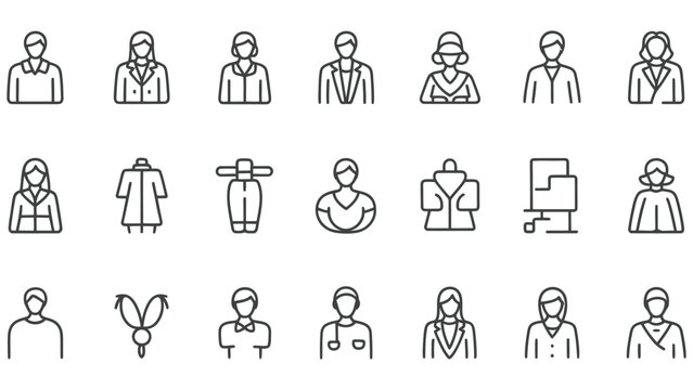 Line icons of various people professions and clothing items on white background