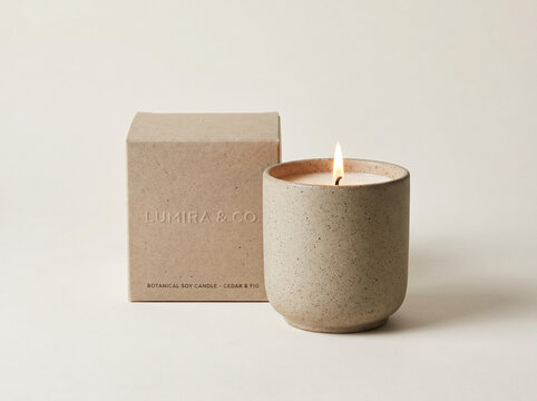 A lit scented soy candle in a ceramic jar with its cardboard packaging box