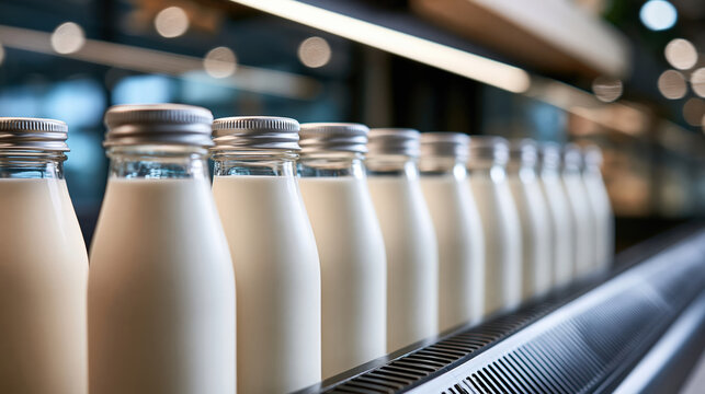 Fresh milk bottles in a row on production line at dairy factory, glass bottles with metal caps on conveyor belt