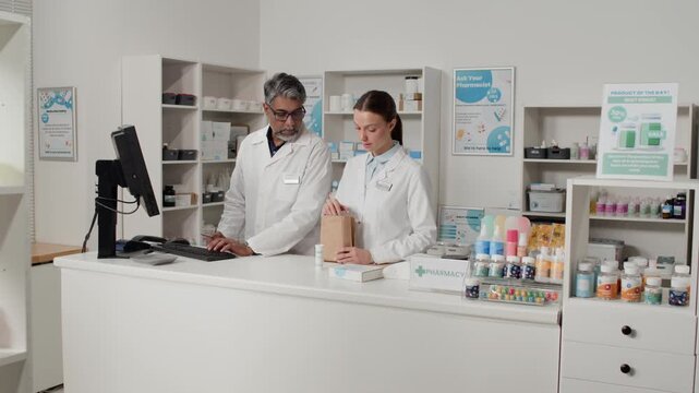 Wide angle shot of two pharmacists preparing customer orders together and using computer while standing behind checkout counter in clean pharmacy interior, copy space