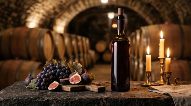 Rustic wine cellar still life with bottle grapes figs and candles for winery label background and restaurant menu design