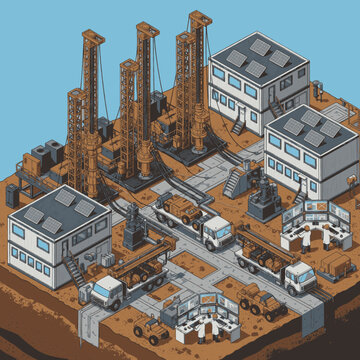 Isometric illustration of an oil drilling operation with multiple rigs, control rooms, and support vehicles.