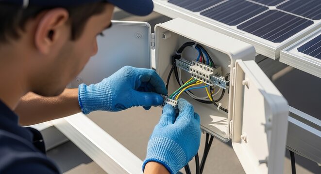Electrician installing solar panel wiring connection in a junction box on rooftop, sustainable energy technician working.