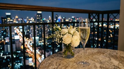 Naklejka premium Champagne glass and white rose bouquet on marble balcony table with city skyline night view for romantic dinner background