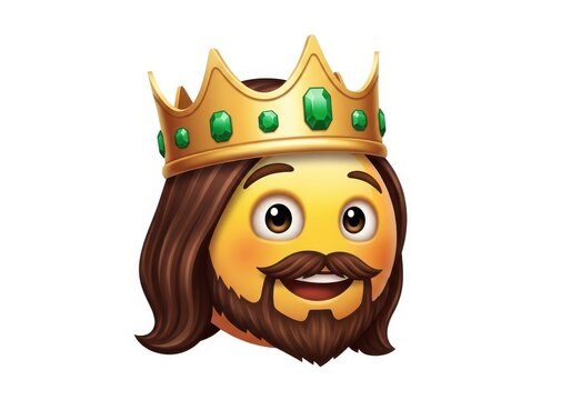 A smiling cartoon character with a crown and beard representing a king or royal figure