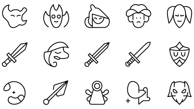 Line style icons of fantasy weapons and characters heads and a bow and arrow