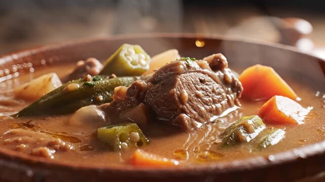 Hearty Beef and Okra Stew Served in a Rustic Bowl.