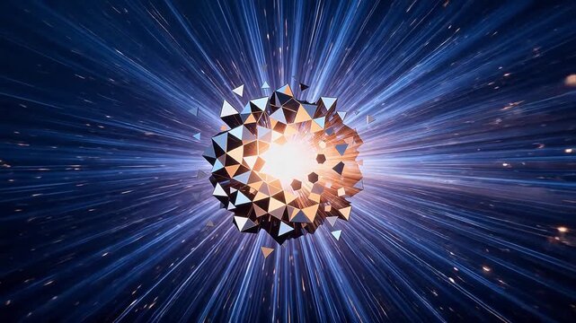Abstract geometric explosion with radiating triangles and bright center on dark background