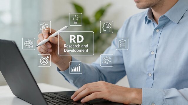 Businessman using digital pen with RD research development hologram interface, innovation strategy concept
