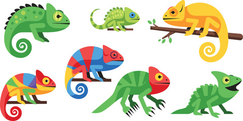 Obraz premium Colorful Cartoon Chameleon Reptile Icon Set with Various Poses, Branch, and Vibrant Color Species for Wildlife and Nature Designs