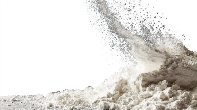 Powder exploding upwards and scattering from a pile against a white background