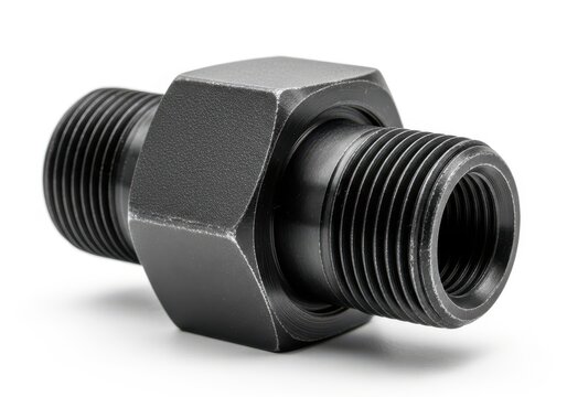 Close-up view of a black metal pipe fitting with hexagonal and threaded ends