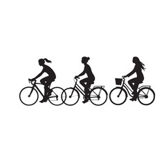 Obraz premium Minimalist black silhouette of three women riding bicycles, female cyclists on bikes vector illustration, active lifestyle and urban commuting icons