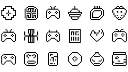 Pixel art icons of video game controllers and various objects in black and white © Md