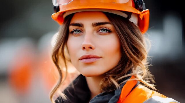 Female diversity. Human rights, equal opportunity concept. A closeup portrait of a woman wearing a bright orange hard hat with reflective visor. She has wavy brown hair and striking blue eyes.
