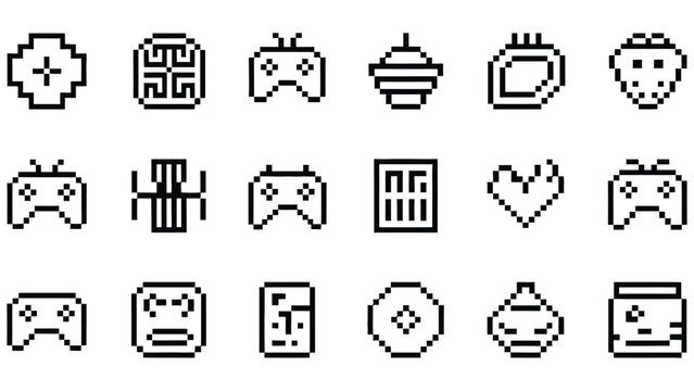 Pixel art icons of video game controllers and various objects in black and white