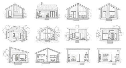 Fototapeta premium Scandinavian Cabin Elevation Collection Minimal Nordic Tiny House Architecture Vector