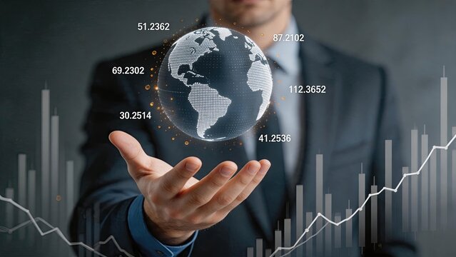 Businessman hand holding digital globe with data numbers and charts background, global economy concept, international finance market analysis, world trade statistics, economic