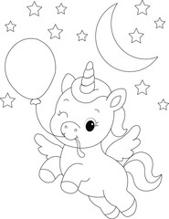Obraz premium Cute unicorn holding a balloon, coloring page