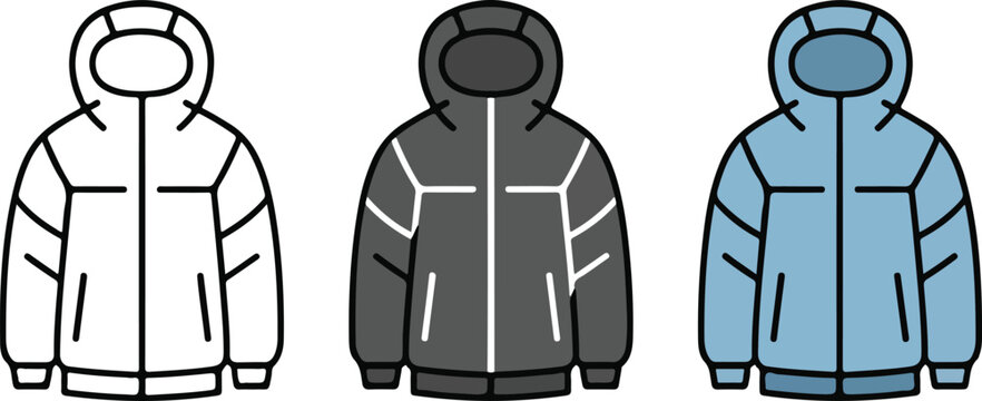 Minimalist winter puffer jacket icon set with hooded parka vectors for cold weather fashion outdoor apparel and seasonal clothing retail projects.