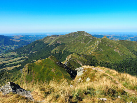 Panoramic view from the summit of Puy Mary in the Cantal mountains, France.
