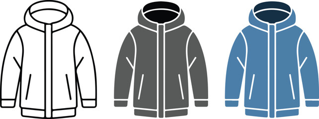 Minimalist winter puffer jacket icon set with hooded parka vectors for cold weather fashion outdoor apparel and seasonal clothing retail projects. © MSTAFRUJA