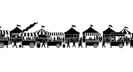 Black silhouette illustration of a busy outdoor street market with stalls and people. © Ghushun_Ni'amillah