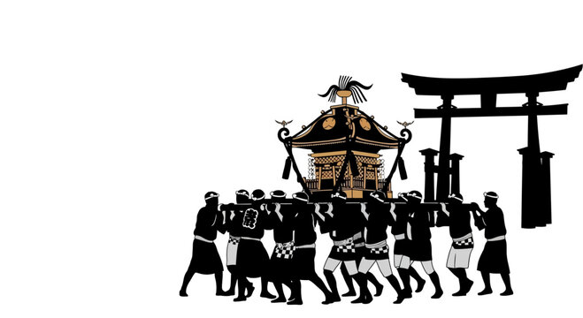 Group of men carrying a traditional Japanese portable shrine.