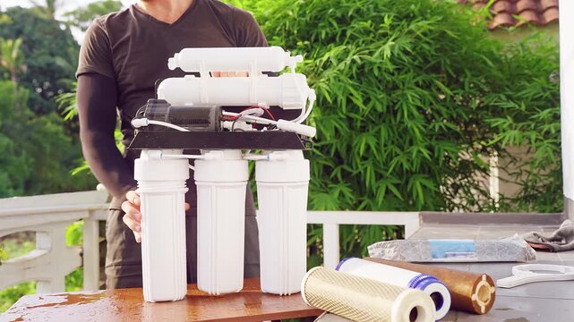 Close Up Installation of Reverse Osmosis Water Filter System on New Cartridges Outdoors, Clean Drinking Water and Household Maintenance
