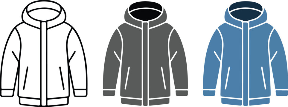 Minimalist winter puffer jacket icon set with hooded parka vectors for cold weather fashion outdoor apparel and seasonal clothing retail projects.