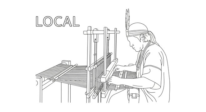 A traditional indigenous person weaving fabric on a wooden loom.