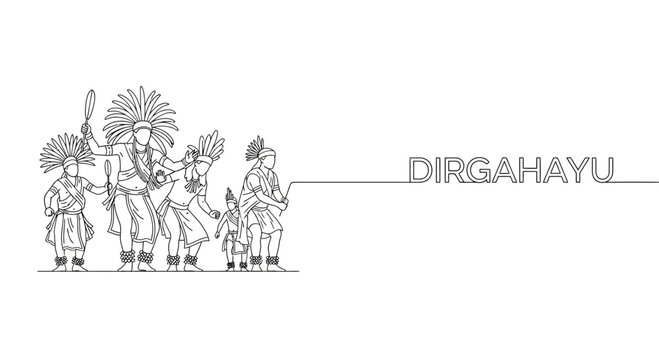 Continuous line art illustration of Indonesian traditional dancers celebrating independence day.