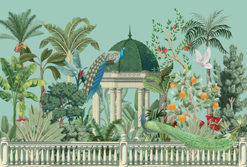 Mughal garden arch, plant, Peacock illustration for wallpaper. Tropical jungle wallpaper illustrations. Banana leaves Tropical leaves wallpaper.
