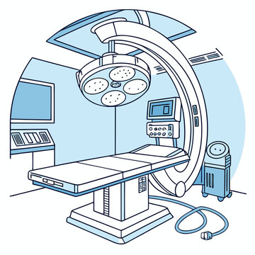 Clean operating room with surgical light c-arm medical imaging equipment monitors c arm