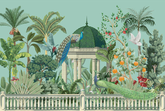 Mughal garden arch, plant, Peacock illustration for wallpaper. Tropical jungle wallpaper illustrations. Banana leaves Tropical leaves wallpaper.