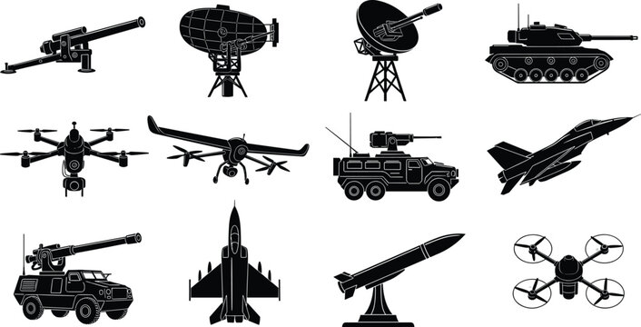 Military Defense System Icon Set Featuring Battle Tanks, Fighter Jets, Surveillance Drones, Missile Launchers, Radar Stations, and Armored Vehicles for Strategic War DesignsMilitary Defense System Ico