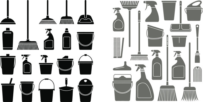 Large collection of cleaning service icons featuring brooms mops buckets and spray bottles in black and gray flat vector silhouettes.