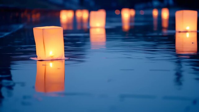 Floating lanterns on water at night
