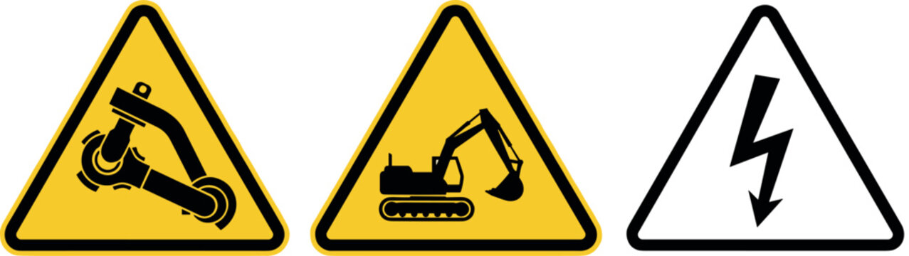Warning Hazard Signs for Machinery, Construction Equipment, and Electrical Danger in Yellow and Black for Workplace SafetyWarning Hazard Signs for Machinery, Construction Equipment, and Electrical Dan