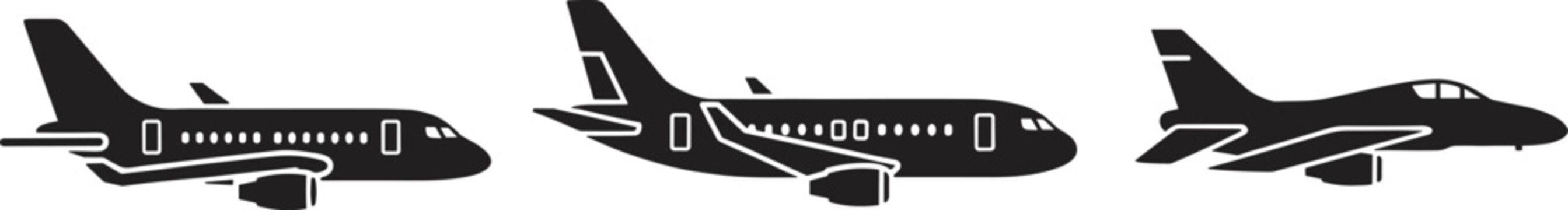 Modern Aircraft Silhouette Set Featuring Commercial Passenger Jets and Fighter Plane Icons for Aviation Travel and Aerospace DesignModern Aircraft Silhouette Set Featuring Commercial Passenger Jets an