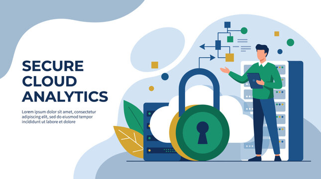 This image focuses on secure cloud analytics, depicting a professional presenting data insights while symbolizing security with a padlock, emphasizing trust in data management.