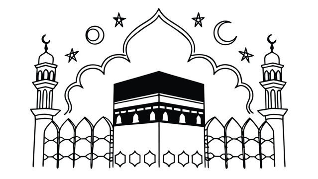The Islamic kaaba in Mecca with minarets and a crescent moon