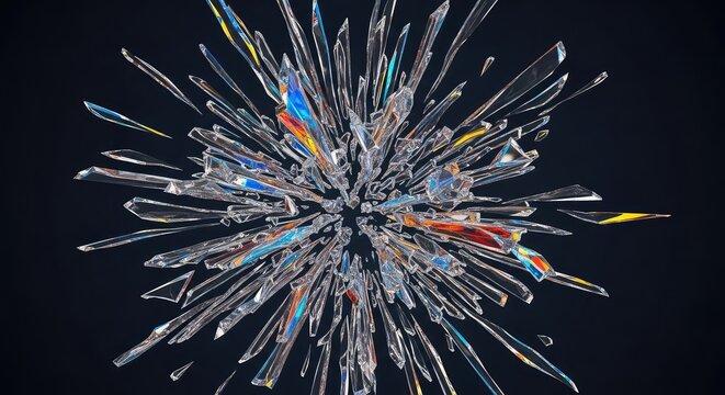 Abstract macro shot of shattered glass pieces exploding outwards with sharp edges and clear crystalline fragments on a dark backdrop, shiny, abstract, window