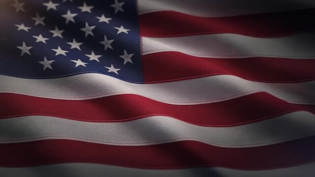 Star Patterned Striped Flag Waving in Dramatic Low Light
